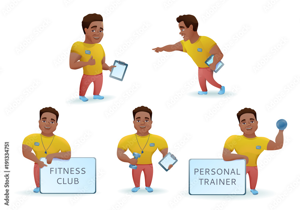 Personal fitness trainer set, african cartoon characters collection, sports  man training, advertising gym in colorful outfit with bumbell, vector  illustration Stock Vector | Adobe Stock
