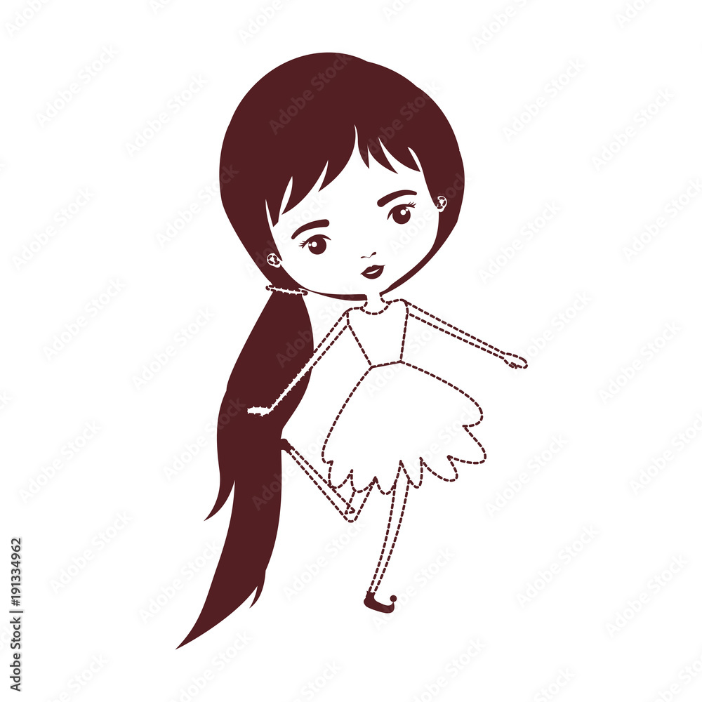 Obraz premium girly fairy without wings and long hair with pigtail and dress in brown dotted silhouette vector illustration