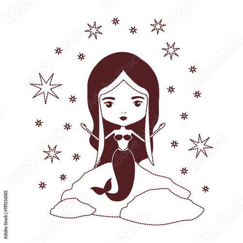 mermaid in a rock with stars in brown dotted silhouette vector illustration