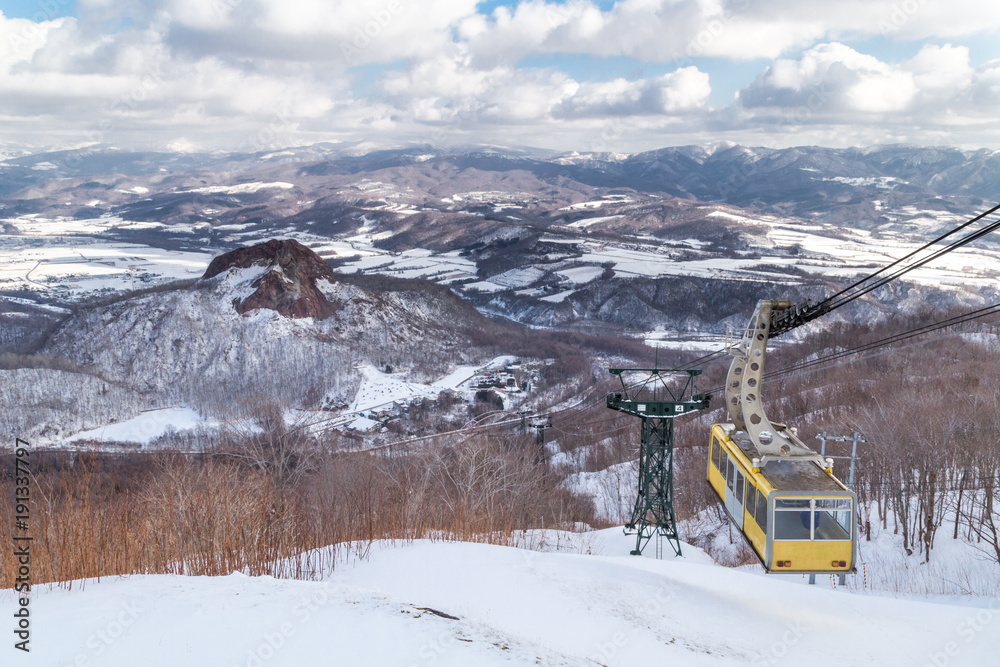 Fototapeta premium Ropeway or cable car transportation to Mount Usu summit