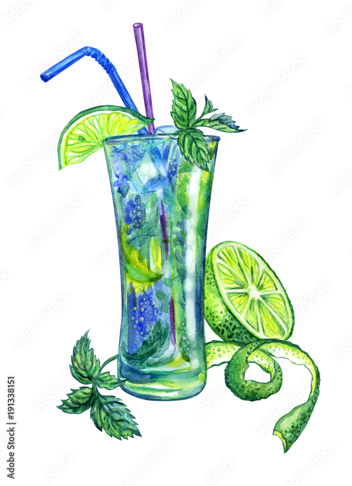 Mojito cocktail, watercolor drawing on white background, isolated with  clipping path. Stock Illustration | Adobe Stock