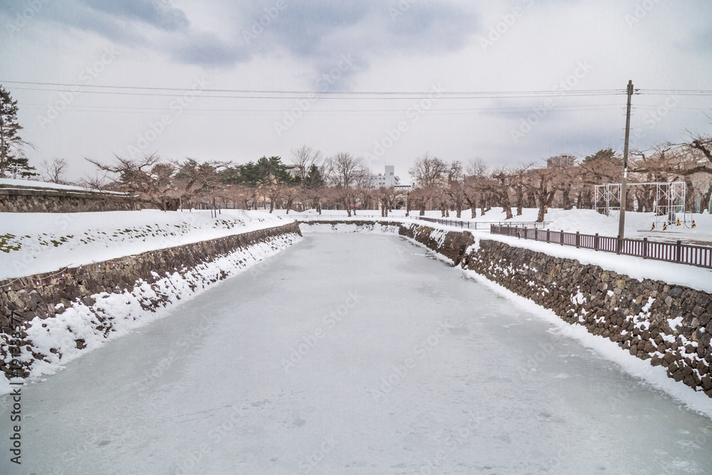 Frozen moat of Hakodate Japan Fort Goryokaku during winter.