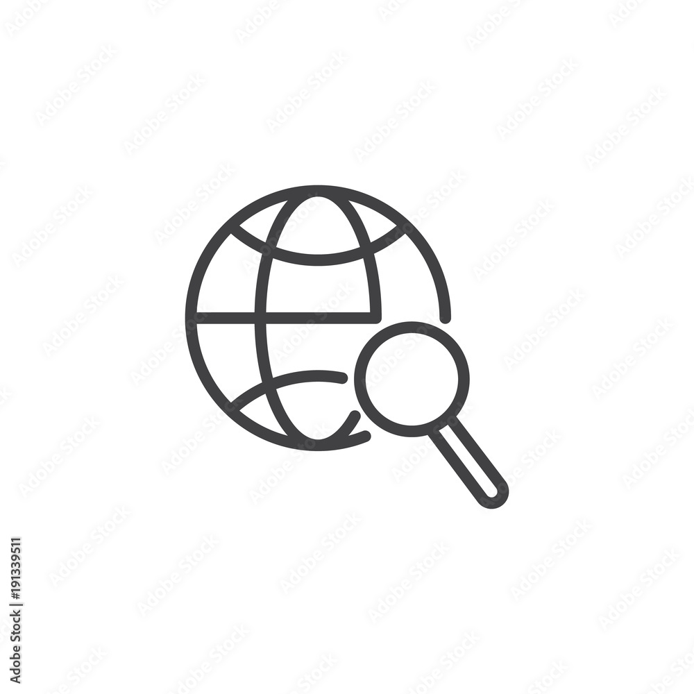 Search worldwide line icon, outline vector sign, linear style pictogram isolated on white. Globe and magnifier glass symbol, logo illustration. Editable stroke