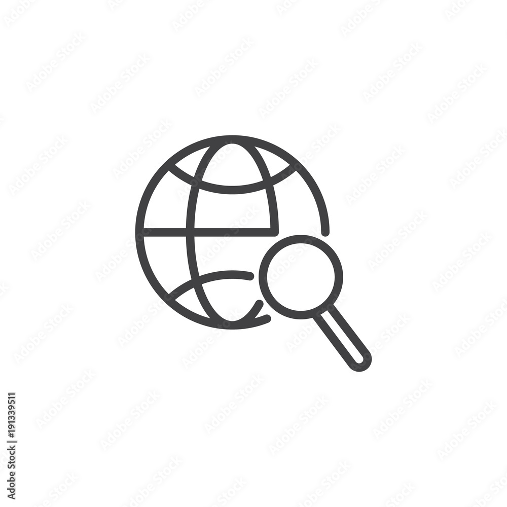 Search worldwide line icon, outline vector sign, linear style pictogram isolated on white. Globe and magnifier glass symbol, logo illustration. Editable stroke Search worldwide line icon, outline vector sign, linear style pictogram isolated on white. Globe and magnifier glass symbol, logo illustration. Editable stroke