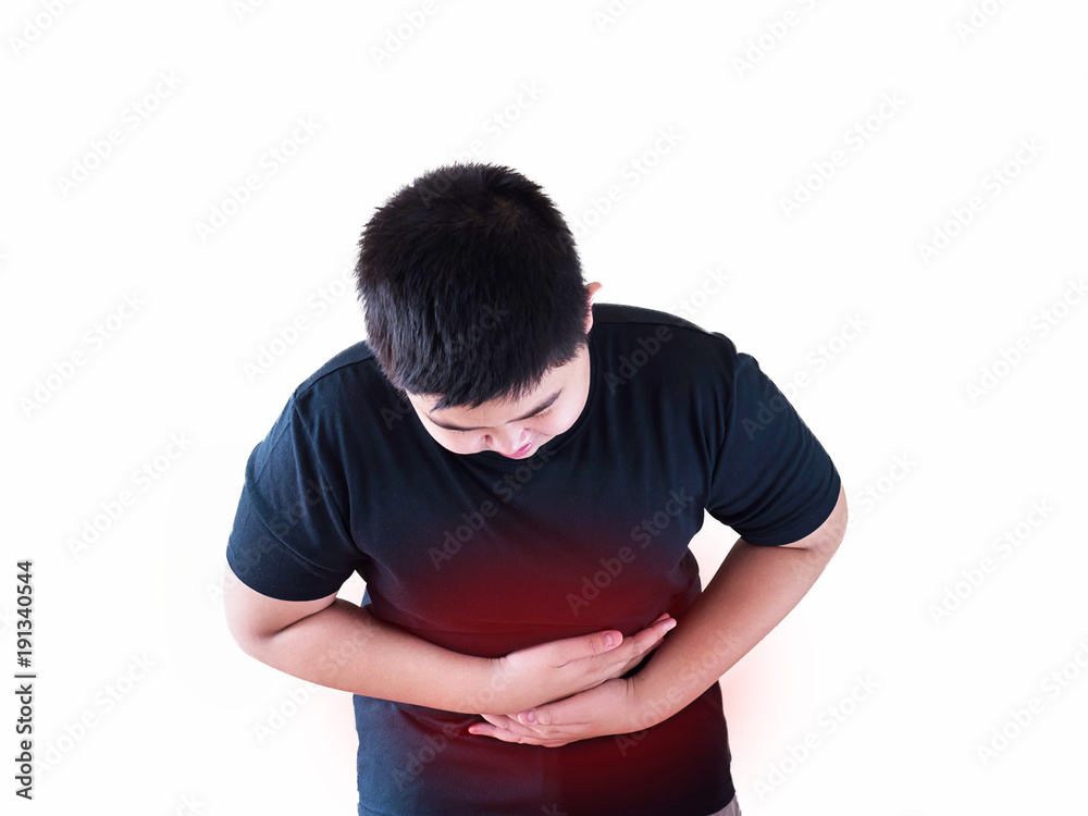 Boy having a stomachache holding his belly tightly with two hands with red pain coloring around his stomach Boy having a stomachache holding his belly tightly with two hands with red pain coloring around his stomach