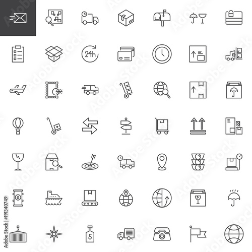 Logistics and delivery line icons set, outline vector symbol collection, linear style pictogram pack. Signs, logo illustration. Set includes icons as cardboard, package, parcel, fragile, cargo