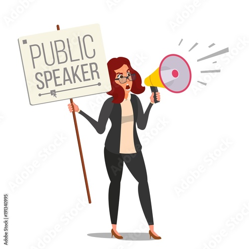 Woman Shouting Through Megaphone Vector. Public Female Protest. Public Speaker. Social Activist. Loud Announcement. Communicate Concept. Isolated Flat Cartoon Illustration