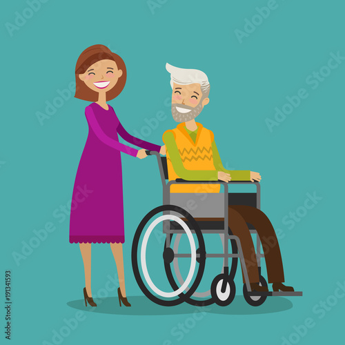 Volunteer or nurse on walk with disabled elderly man in wheelchair. Cartoon vector illustration