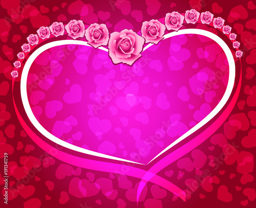 heart of ribbons in roses on a pink background