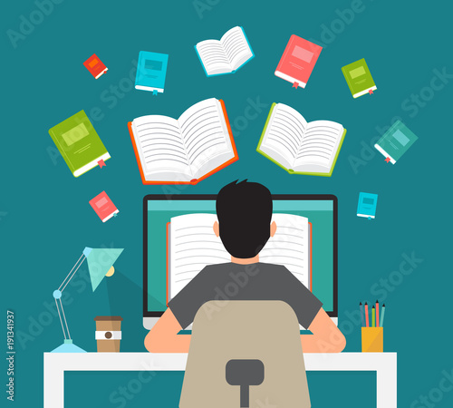 Man in learning process. Man sitting behind his desk studying online using his computer flat vector illustration