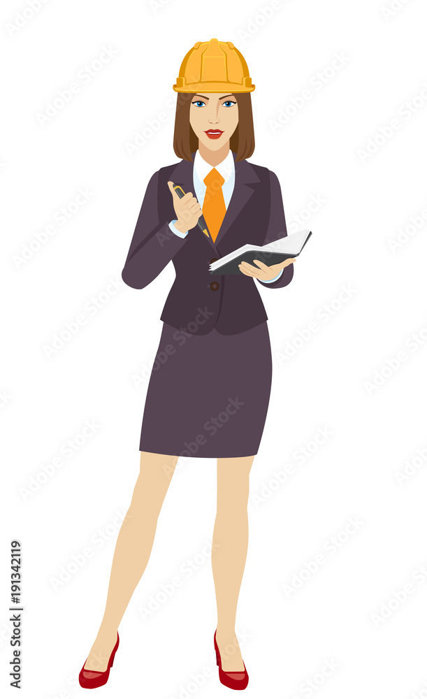 Businesswoman in construction helmet with pen and pocketbook Businesswoman in construction helmet with pen and pocketbook