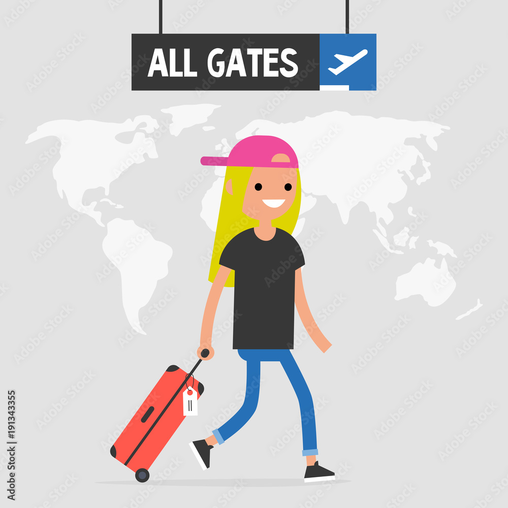 Obraz premium Smiling passenger walking by the airport with a hand luggage. Travel illustration. All gates sign. Flight. Flat vector, clip art