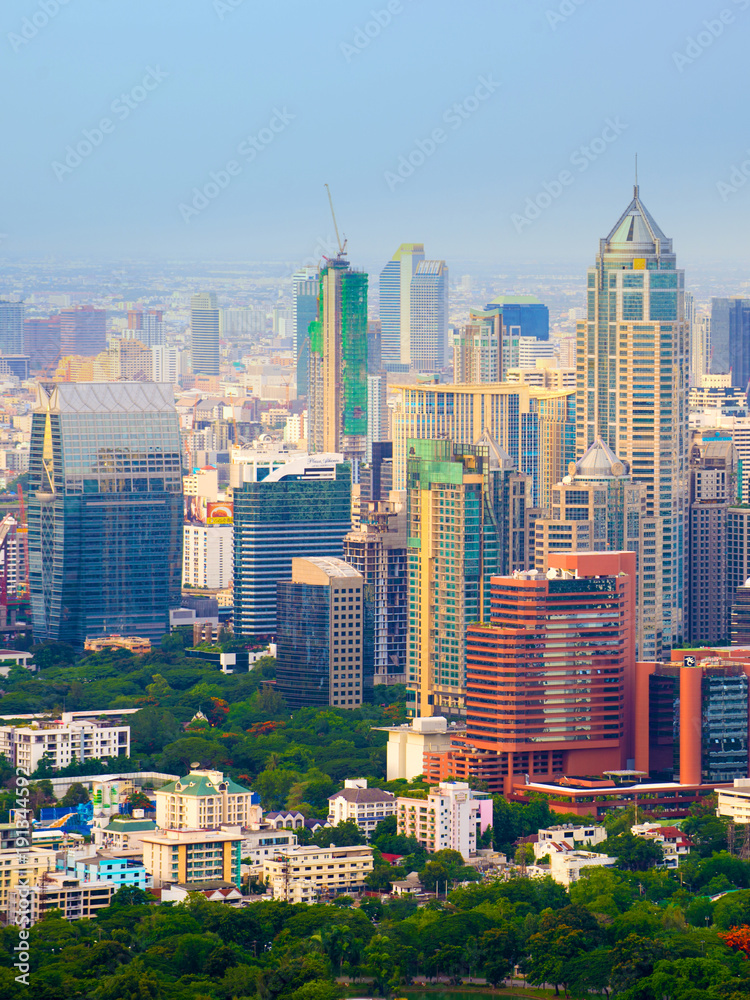 Naklejka premium Vertical image of Bangkok urban skyline aerial view at night.