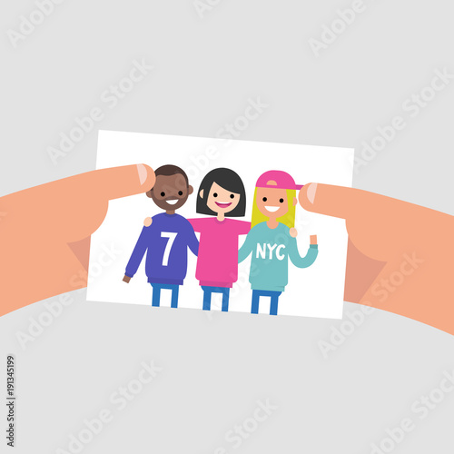 Group photo of international friends. Flat editable vector illustration, clip art. Lifestyle. Millennials. Teenagers wearing bright clothes.