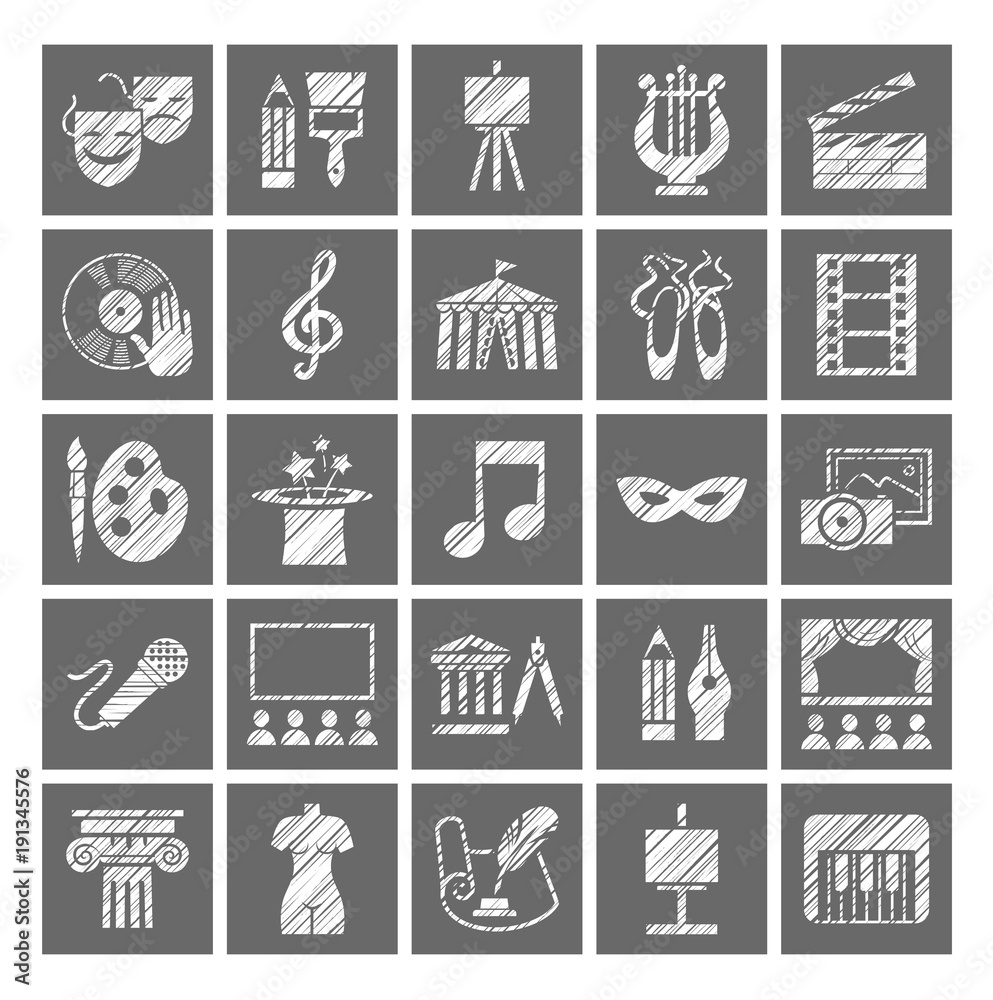 Culture and art, icons, shading pencil, white, gray, vector.Leisure and cultural centres. Cultural events and the attributes of art. Square icons.Hatching a white pencil on the grey box. Imitation