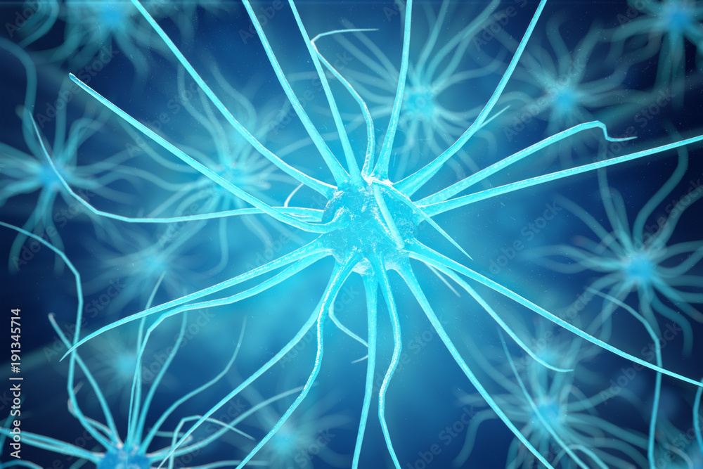 Conceptual illustration of neuron cells with glowing link knots. Synapse and Neuron cells sending electrical chemical signals. Neuron of Interconnected neurons with electrical pulses. 3D illustration Conceptual illustration of neuron cells with glowing link knots. Synapse and Neuron cells sending electrical chemical signals. Neuron of Interconnected neurons with electrical pulses. 3D illustration