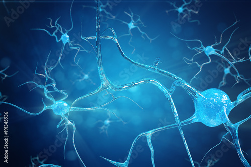 Conceptual illustration of neuron cells with glowing link knots. Synapse and Neuron cells sending electrical chemical signals. Neuron of Interconnected neurons with electrical pulses. 3D illustration photo