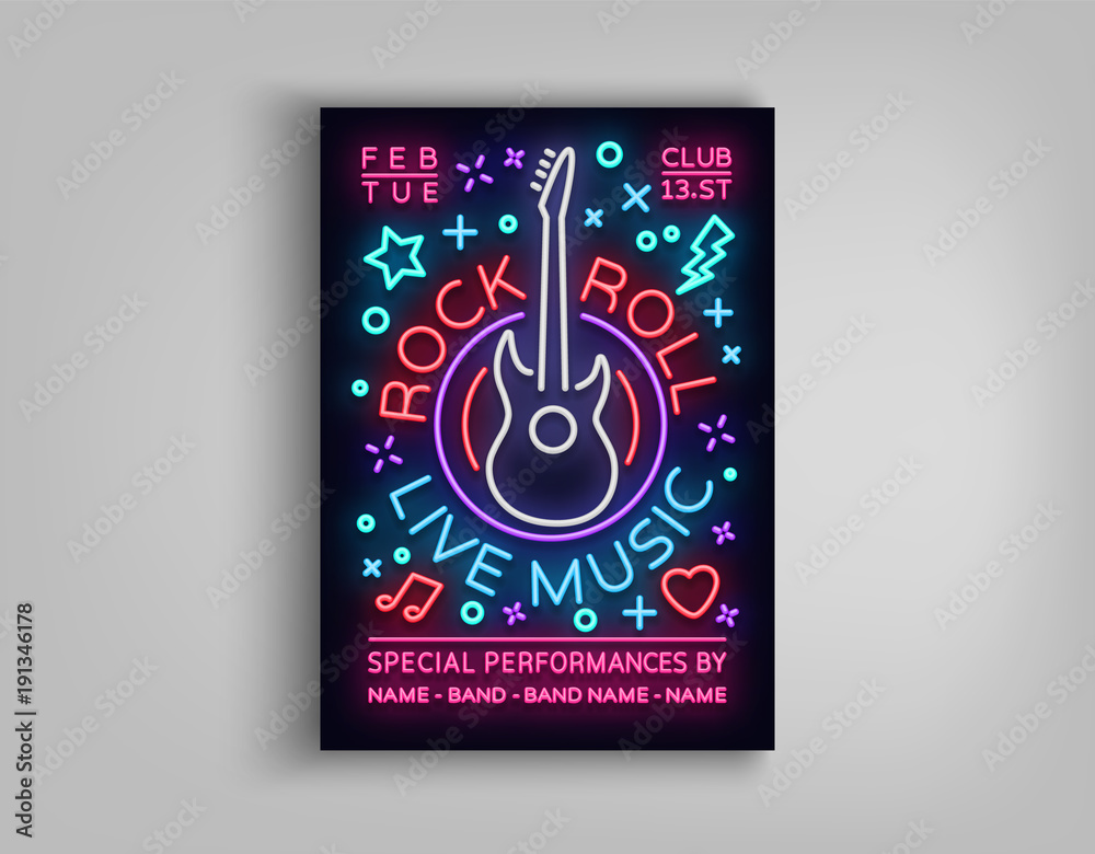 Plakat Rock n roll live music. Typography, Poster in neon style, Neon sign, Brochure, Flyer Design template for rock festival, concert, party, live music. Music Rock and Roll. Vector illustration
