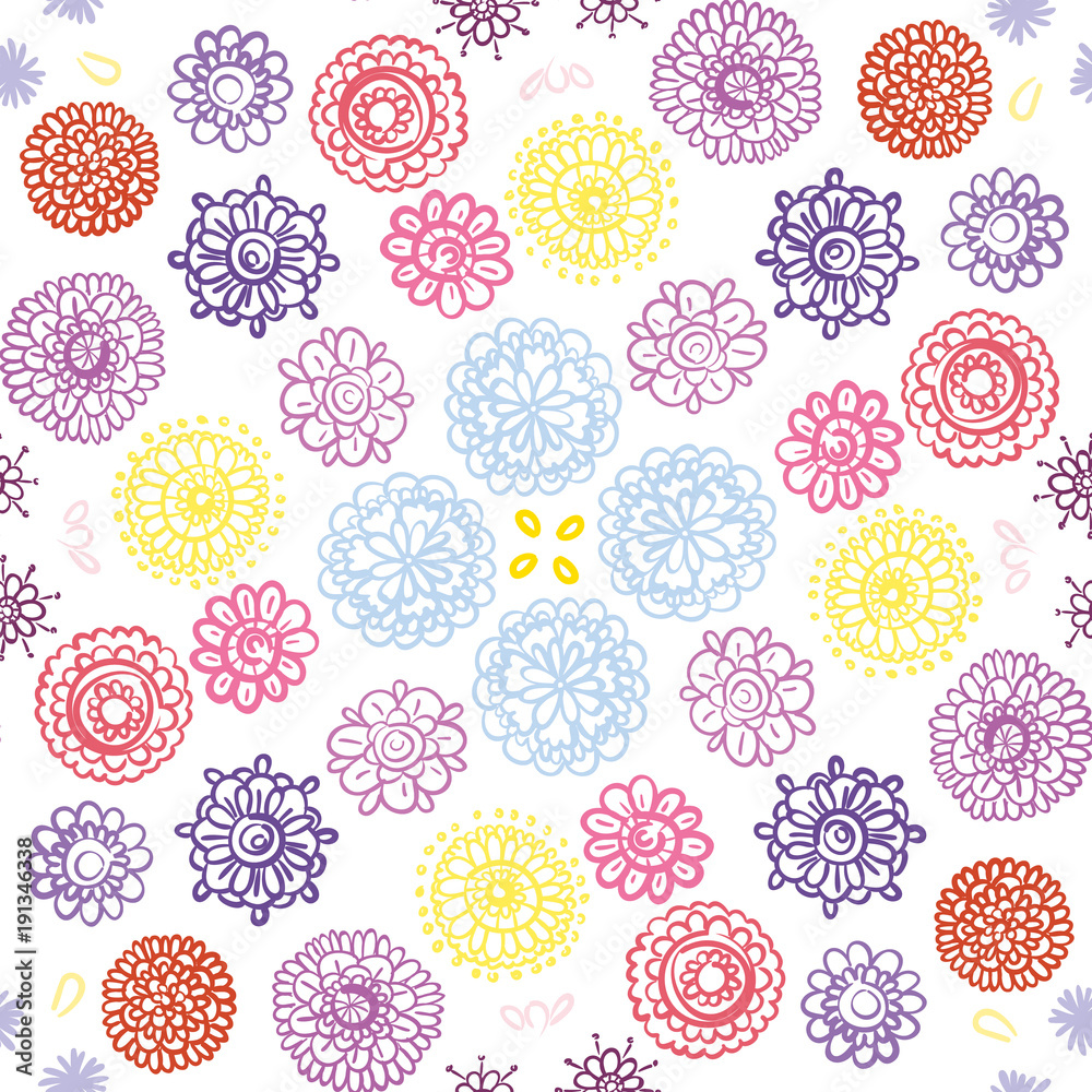 Floral pattern in doodle style with flowers on white background. Spring floral background. Floral pattern in doodle style with flowers on white background. Spring floral background.