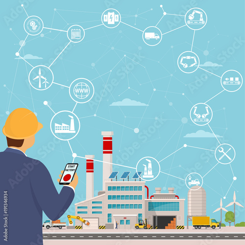 smart factory and around it icons Engineer starting a smart plant. Smart factory or industrial internet of things. vector illustration photo