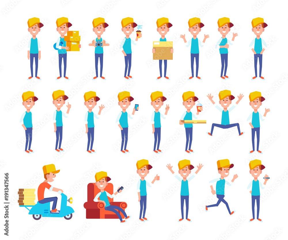 Set of young man in different poses. Vector cartoon character in a flat style for your projects. 
