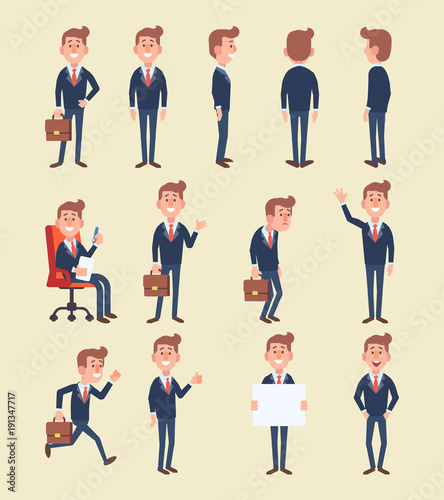 Set of business man in different poses. Vector cartoon character in a flat style for your projects. 