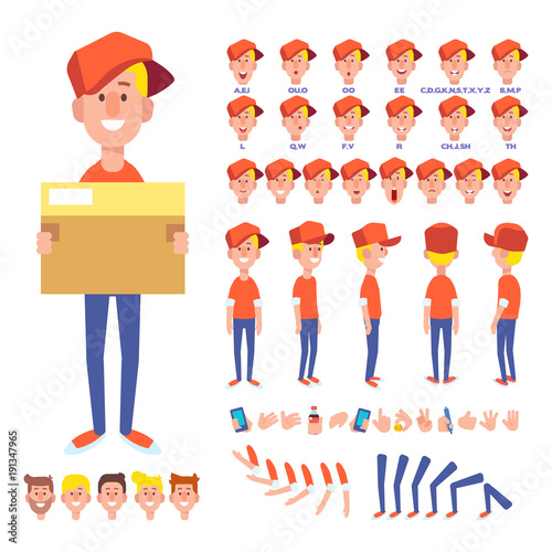Front  side  back view animated character. Courier young man character creation set with various views  hairstyles  face emotions  poses and gestures. Cartoon style  flat vector illustration. 
