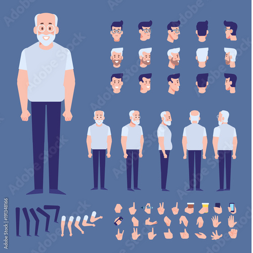Elderly man character creation set with various views, hairstyles, poses and gestures. Front, side, back view animated character. Cartoon style, flat vector illustration.