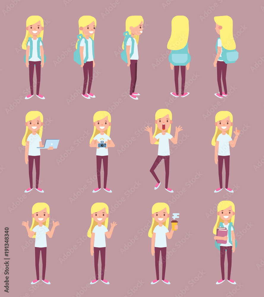 Vector character in flat style for design and animation. Young girl n in different poses. Vector character in flat style for design and animation. Young girl n in different poses.