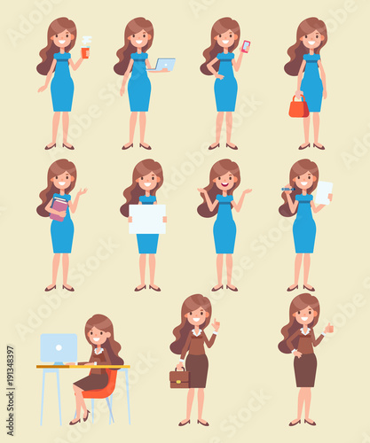 Vector character in flat style for design and animation. Pretty woman in different poses. Front, side, back view. 
