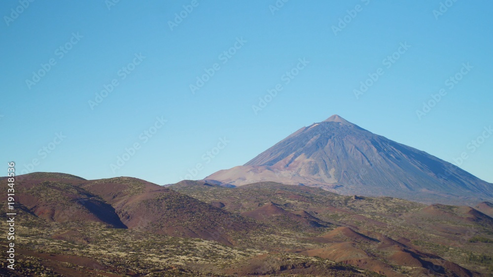 Panorama of the volcanic landscape on a clear day at dawn