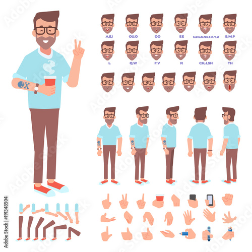 Front, side, back view animated character. Hipster man creation set with various views, face emotions and gestures. Cartoon style, flat vector illustration.