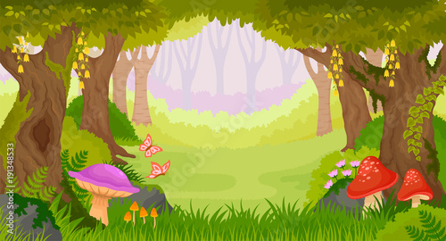 Foto Bright cartoon fairy tale forest with copy space
