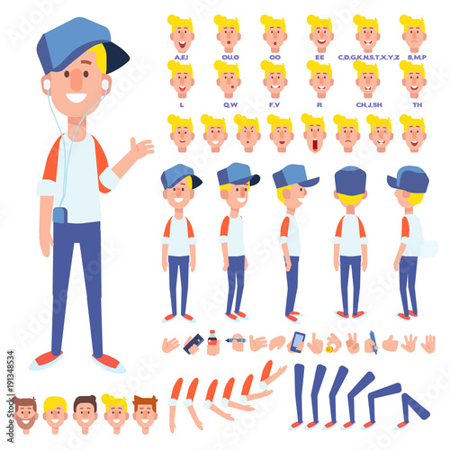 	 Front, side, back view animated character. Teenager boy character creation set with various views, hairstyles, face emotions, poses and gestures. Cartoon style, flat vector illustration. 