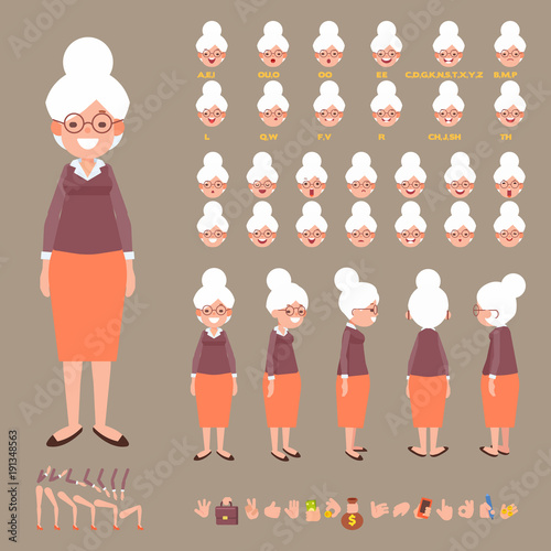 Fototapeta Naklejka Na Ścianę i Meble -   Front, side, back view animated character. Elderly woman character creation set with various views, hairstyles, face emotions, poses and gestures. Cartoon style, flat vector illustration. 