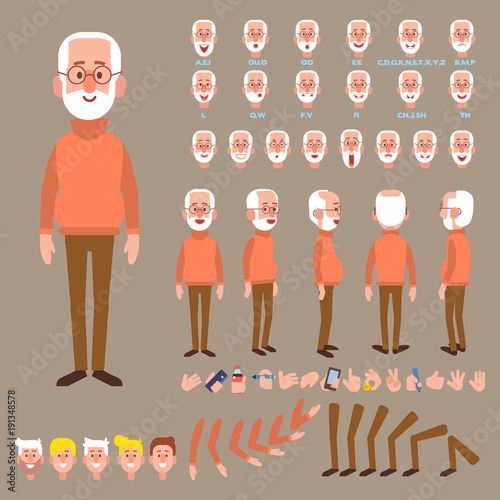 	 Front, side, back view animated character. Elderly man character creation set with various views, hairstyles, face emotions, poses and gestures. Cartoon style, flat vector illustration. 