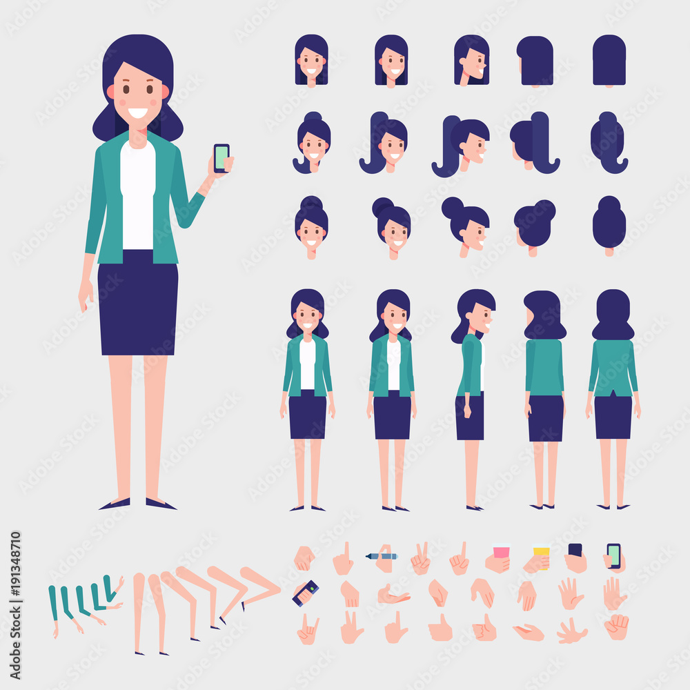 Flat Vector Business Woman Character For Your Scenes Character Creation Set With Various Views Hairstyles And Poses Parts Of Body Template For Design Work And Animation Stock Vector Adobe Stock