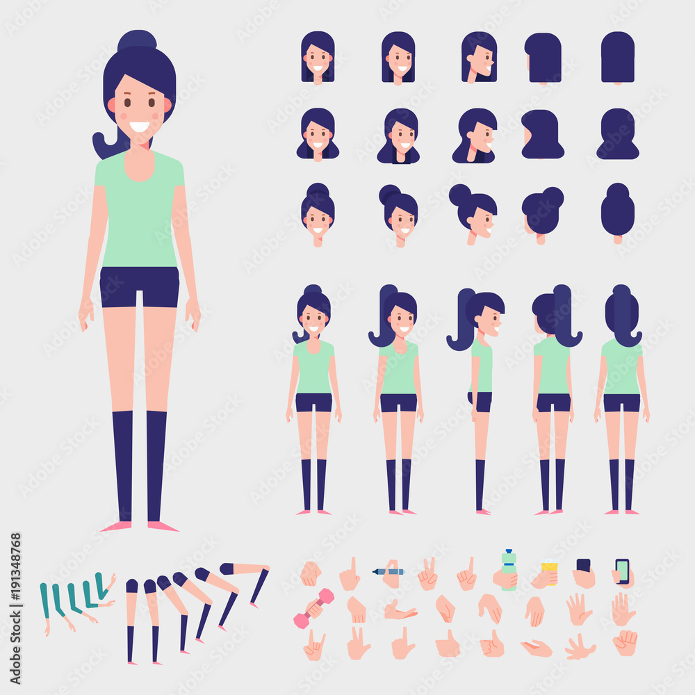 Sporty Girl character. Vector Character creation set with various views,  hairstyles and poses. Parts of body template for design work and animation.  Stock Vector | Adobe Stock