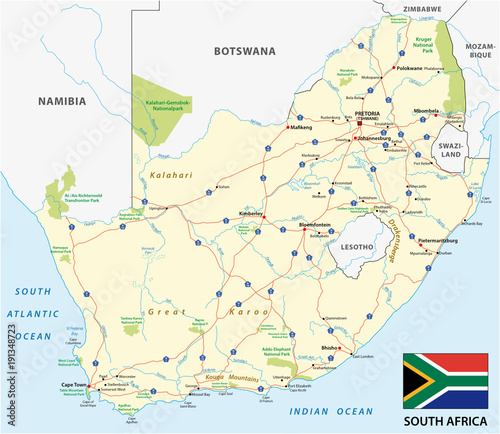 south africa road vector map with flag photo