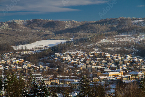The village Tryavna in winter. Sunset