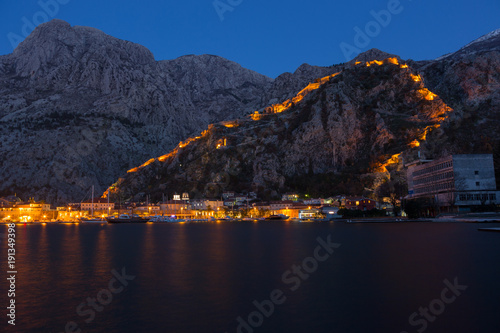 Night view of Kotor Fortress wall, Montenegro