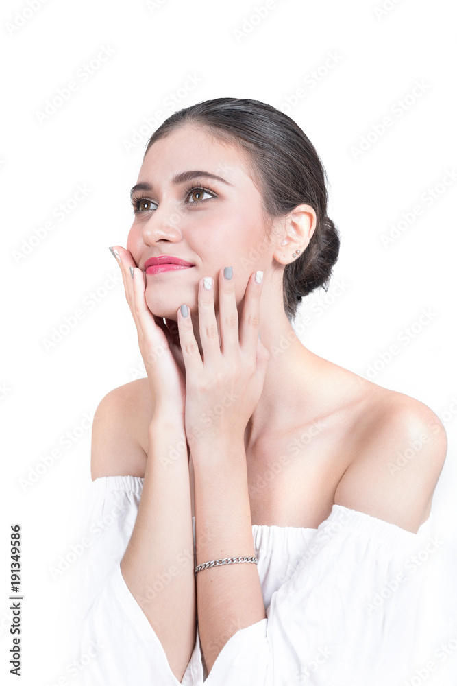 Portrait of Young woman hand pose for facial skin product isolated on white background. Portrait of Young woman hand pose for facial skin product isolated on white background.