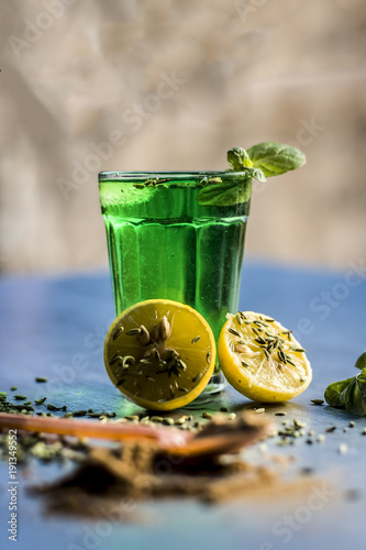 Fennel,variyali or Foeniculum vulgare juice/shrbat with sliced lemons,Citrus × limon photo