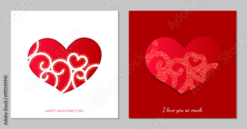 Valentine's card with paper cut style. Red heart with white pattern. A template for laser cutting. Vector illustration in modern style.