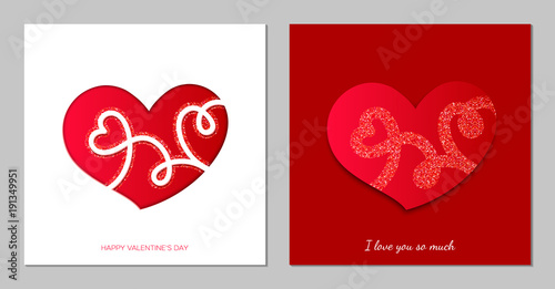 Valentine's card with paper cut style. Red heart with white pattern. A template for laser cutting. Vector illustration in modern style.