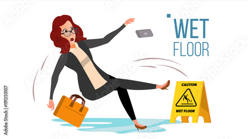Woman Slips On Wet Floor Vector. Modern Business Woman In Office. Danger Situation. In Action. Clean Wet Floor. Isolated Flat Cartoon Character Illustration