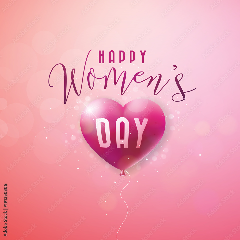 Naklejka Szczęśliwy dzień kobiet kartkę z życzeniami. International Holiday ilustracja z czerwonym balonem serca projekt na różowym tle. Wektor 8 marca wiosna szablon.