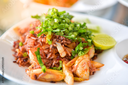 Fried rice with squid, Thai food.