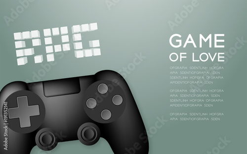 Gamepad or joypad black color and RPG pixel text symbol, design illustration isolated on green gradient background, with copy space