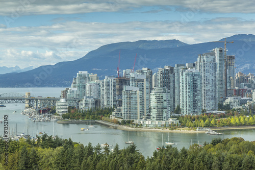 View of Vancouver skyline as viewed from Mount Pleasant District, Vancouver, British Columbia, Canada photo